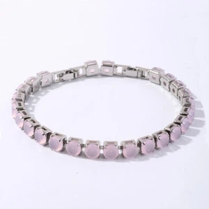 New 6mm Holiday Party Jewelry Round Pink Jade Gems Charm Women Silver Bracelet - Picture 1 of 6