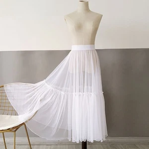 Women See Through Ruffles Skirt Mesh Sheer Lace Big Swing Petticoat Skirt Summer - Picture 1 of 11
