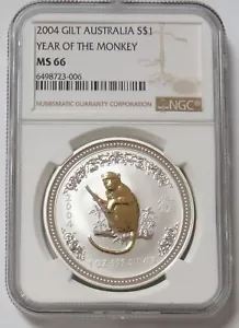 2004 SILVER AUSTRALIA 1 OZ GILT $1 YEAR OF MONKEY LUNAR COIN NGC MS 66 BOX COA - Picture 1 of 2