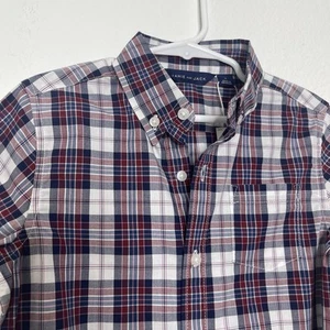 NEW Janie And Jack Boys Button Shirt Size 5 Maroon Blue Gingham Poplin Plaid - Picture 1 of 7
