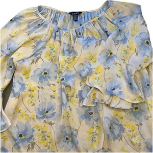 Chaps Shirt Damen XL blau Blumen Schlüsselloch Glockenärmel Georgette Bauernbluse - Bild 1 von 11