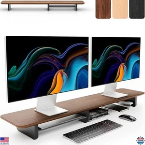Dual Monitor Riser with Metal Shelf - Wood Stand for 2 Monitors - Walnut Finish - Picture 1 of 6
