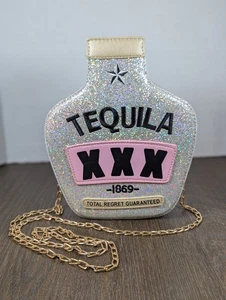 TEQUILA Liquor Bottle Purse Silver Glitter Shoulder Crossbody Novelty Club Party - Picture 1 of 10
