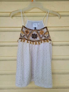 Anthropologie HD in Paris Tikal Top Womens 0 P Cream Embroidered Tassel Boho 12 - Picture 1 of 6