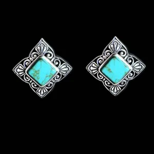 DIAMOND SHAPE TURQUOISE POST EARRINGS w/FILIGREE BORDER__925 STERLING SILVER - Picture 1 of 7