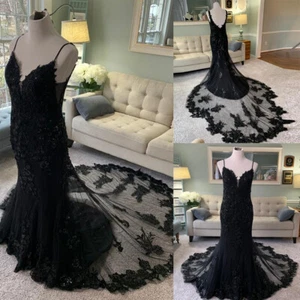 Gothic Mermaid Wedding Dresses Black Lace Applique Spaghetti Straps Bridal Dress - Picture 1 of 14