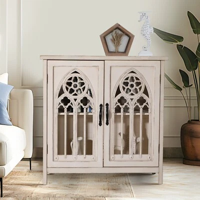 Distressed Accent Storage Display Cabinet with Hollow Carved Church Window Doors - Image 1 of 4