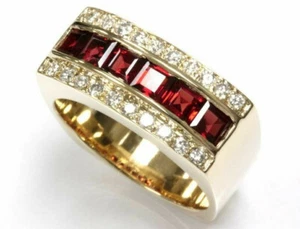 1.7 ctw Natural Red Garnet & Diamond Solid 14k Yellow Gold Wide Ring for Men 9MM - Picture 1 of 6