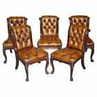 CIRCA 1845 C HINDLEY & SONS LION CARVED CHESTERFIELD BROWN LEATHER DINING CHAIRS