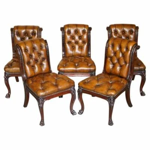 CIRCA 1845 C HINDLEY & SONS LION CARVED CHESTERFIELD BROWN LEATHER DINING CHAIRS - Picture 1 of 11