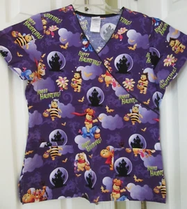 DISNEY Pooh Happy Haunting SM Halloween Purple Scrub Top V Neck Pockets EX COND - Picture 1 of 4