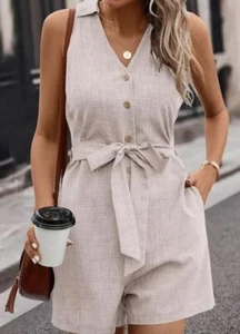 Shein Women's Belted Button Up Sleeveless Romper Collar V Neck Shorts - L - Picture 1 of 3