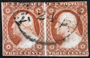 US Sc 11A Dull Red 3¢ 1851 Imperf Pair Dated Circular Town Cancel Pos. 9-10L3 - Picture 1 of 1