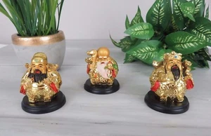 Set of 3 Asian Gold Colored Lucky Lion Buddha Figurines on a Black Base - Picture 1 of 8