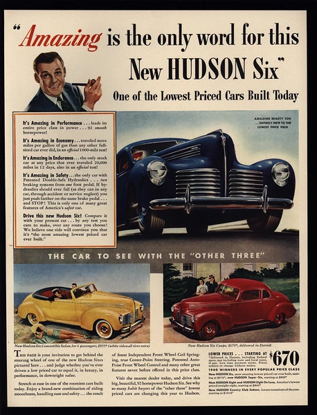 1940 HUDSON SIX Blue & Red Coupe & Yellow Convertible Car - VINTAGE AD - Image 1 of 1