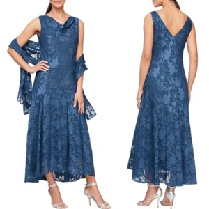 NWT! Size: 10 Alex Evenings Floral Burnout Fil Coupé Dress in Navy - Picture 1 of 5