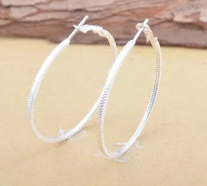 Cute New Silver Plated Nicely Textured Round 2" Hoop Earrings w/Omega Backs - Picture 1 of 8