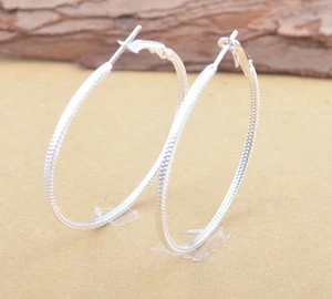 Pretty New Silver Plated Nicely Textured Round 2" Hoop Earrings w/Omega Backs - Picture 1 of 8