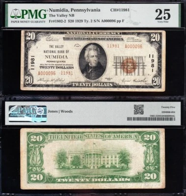 NICE *RARE* Bold & Crisp VF+ 1929 $20 NUMIDIA, PA National Note! PMG 25! A000096 - Image 1 of 3