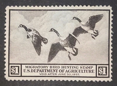 Travelstamps: US Federal Duck Stamps Scott #RW3  - 1936 - $1 - Mint MNH OG - Image 1 of 4