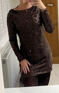 Boohoo Cowl Neck Back Chocolate Brown Sequin Mini Dress - Picture 1 of 2
