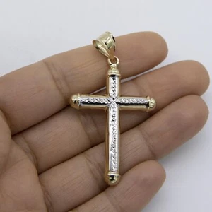 1 3/4" Diamond-Cut Cross Tube Pendant Real 10K Yellow White Gold - Picture 1 of 5