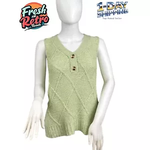 Knit Sweater Vest Green Diamond Pattern XS Buttons Cottagecore Soft Girl Preppy - Picture 1 of 10