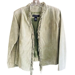 DIALOGUE Suede Jacket XS Fringe Open Front Pale Green Western Boho Cowgirl - Picture 1 of 8