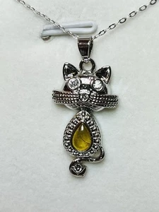 Cute Yellow Tourmaline Kitty Kitten Cat Pendant 925 Sterling Silver Necklace - Picture 1 of 8