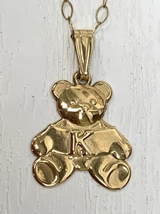 9ct Yellow Gold Teddy Bear Pendant Necklace with Letter K Detail & Gift Box - Picture 1 of 9