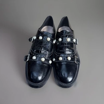 Zara Patent Leather Shoes Women Size 39, 8 Black Stud Pearl Oxford Lug Sole Prep - Image 1 of 4