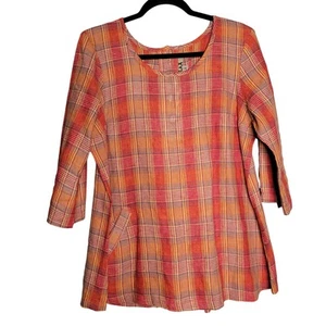 Flax Women's S Linen Plaid Cottage Core Country Back Button Detail Blouse Tunic - Picture 1 of 7