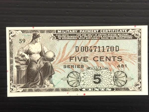 Series 481 Military Payment Certificate Note 5 Cents New Uncirculated - Picture 1 of 2