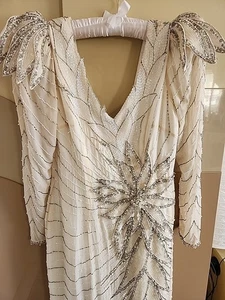Claire’s Collection Vintage Hand Perlen Kleid Ivory Pailletten Floral Art Deco Dress - Bild 1 von 24