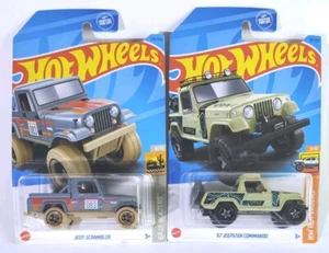 2 Car Lot Hot Wheels '67 Jeepster Commando Tan & Silver Jeep Scrambler Baja - Picture 1 of 3