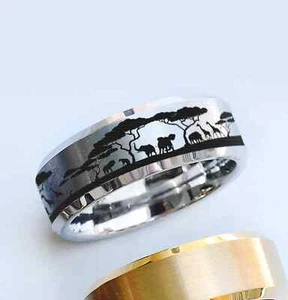 Engraved Tungsten African Savannah Safari Animal Landscape Wedding Ring - 8mm - Picture 1 of 2