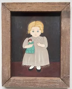 Young Girl with Doll Oil Painting Folk Art by Dolores Hackenberger - Picture 1 of 5