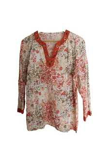 JM Collection Top Women's Orange/Tan Floral Cotton 3/4 Sleeve Blouse - Size 16 - Picture 1 of 3