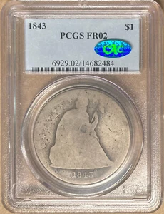 1843 PCGS & CAC FR02 Liberty Seated Dollar $1 - Lowball - Picture 1 of 2