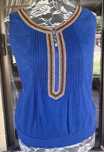 New Beaded Neckline Elastic Bottom Sleeveless Blue Blouse Sz XL Petite 50” Bust - Picture 1 of 4