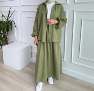 New Muslim Women Long Sleeve Shirt Half Length Skirt Fashion Solid Casual Set - Picture 1 of 22