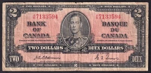Canada 1937 $2 Two Dollar Banknote Osbourne - Towers A/B 7133594 - Picture 1 of 2
