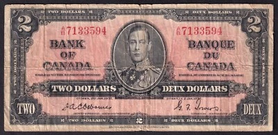 Canada 1937 $2 Two Dollar Banknote Osbourne - Towers A/B 7133594 - Image 1 of 2