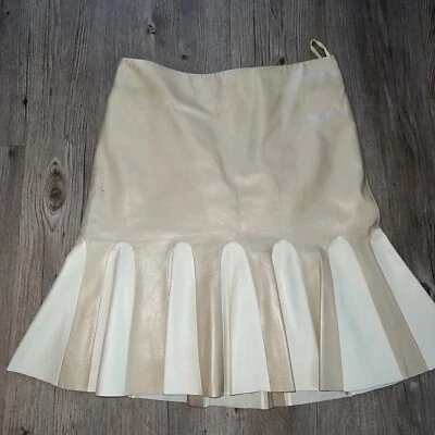 Alexander McQueen Tan & Ivory Leather Skirt Size 38 Made In Italy Kick Pleats - Image 1 of 4