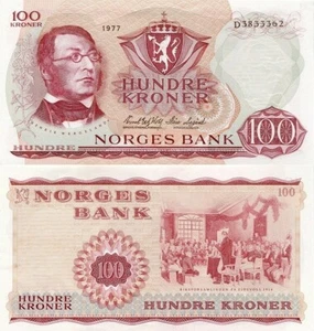 NORWAY 100 Kroner 1977 P-38h Series D UNC UNCIRCULATED BANKNOTE - Picture 1 of 3