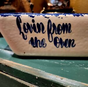 Lovin From The Oven Stoneware Loaf Pan With Blue Sponge Painting 10x5