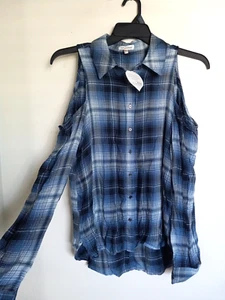 Self Esteem Juniors' Plaid Button-Up Cold Shoulder Blouse Top Size L  NEW - Picture 1 of 3