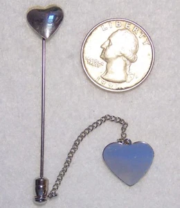 Vintage Heart Stickpin w/Chain and Engravable Heart 2 1/2" Silvertone - Picture 1 of 2