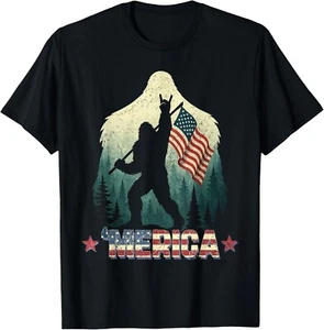 Bigfoot Merica Rock American USA Flag Patriotic 4th Of July Unisex T-Shirt - Picture 1 of 10