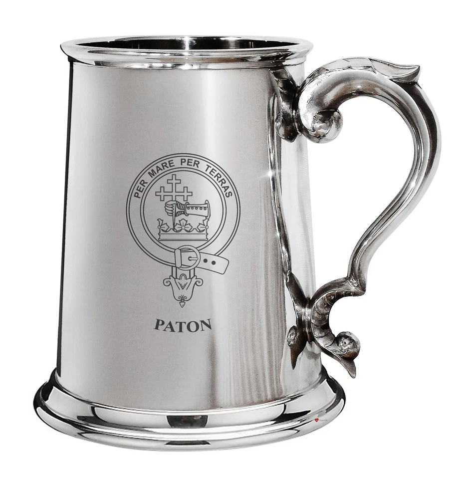 Paton Family Crest Polished Pewter 1 Pint Tankard with Scroll handle - Image 1 of 1